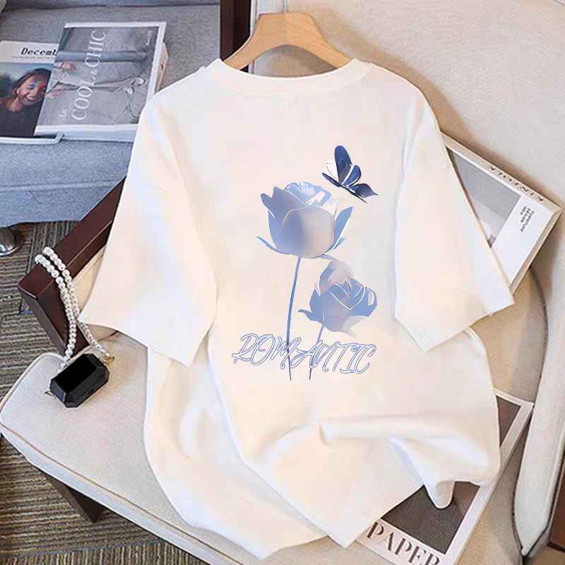 女童纯棉玫瑰白色短袖T恤