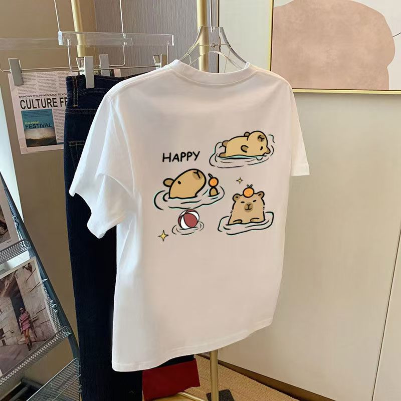 女童2025新款卡皮巴拉纯棉印花短袖T恤中大童夏季宽松儿童上衣潮