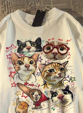 女童纯棉卡通猫印花短袖T恤