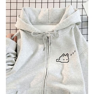 女童春秋日系卡通瞌睡小猫连帽开衫卫衣中大童慵懒风宽松拉链外套
