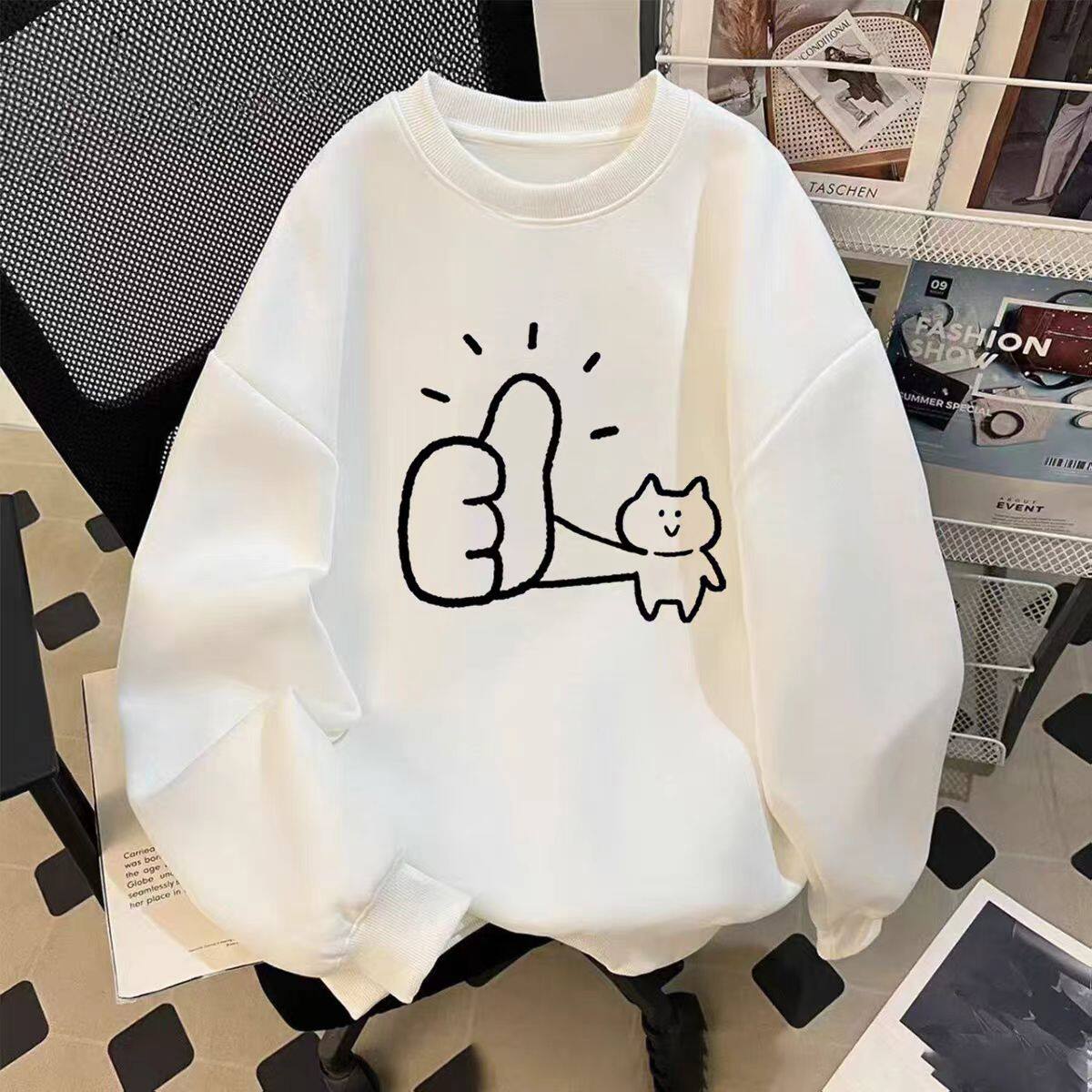 中大童创意点赞小猫印花圆领卫衣秋冬美式卡通宽松男女童上衣潮