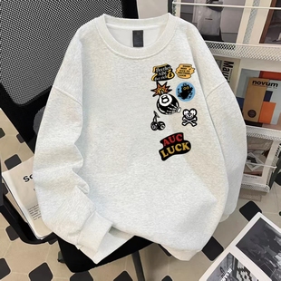 男童秋冬款美式复古字母印花圆领卫衣中大童街头痞帅加绒无帽上衣