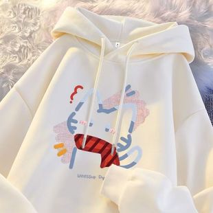 女童秋冬猫咪印花连帽卫衣中大童可爱初中生慵懒风加绒帽衫上衣