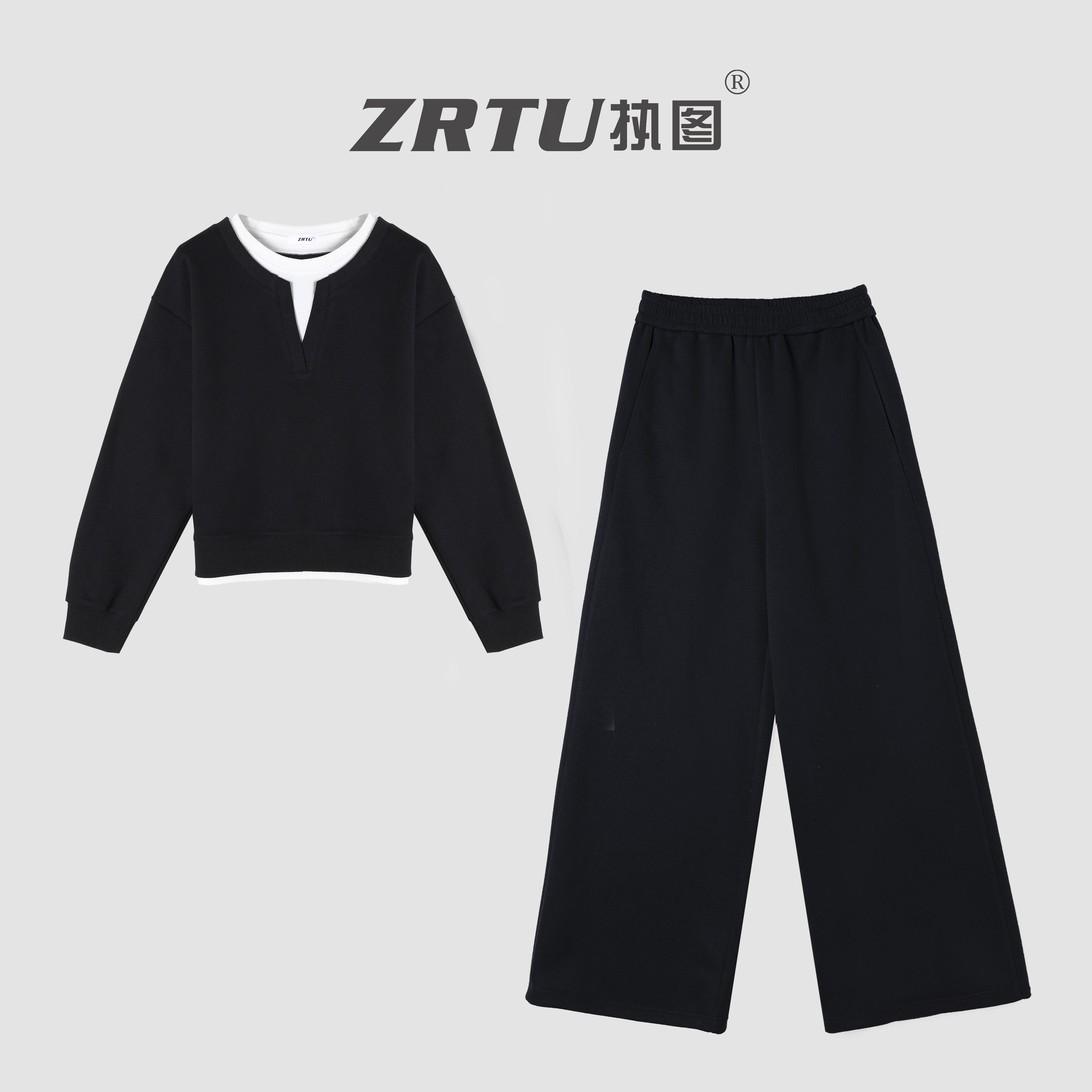 ZRTU/执图假两件卫衣阔腿裤加绒套装2025秋冬新款休闲运动两件套