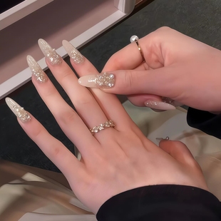 千金碎钻纯手工穿戴甲定制成品小红书同款温柔ins风气质冰透香槟