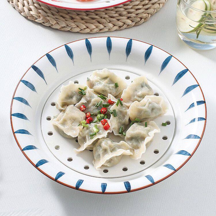 日式双层沥水饺子盘陶瓷家用水饺蒸饺盘圆形手绘盘子釉下彩水果盘