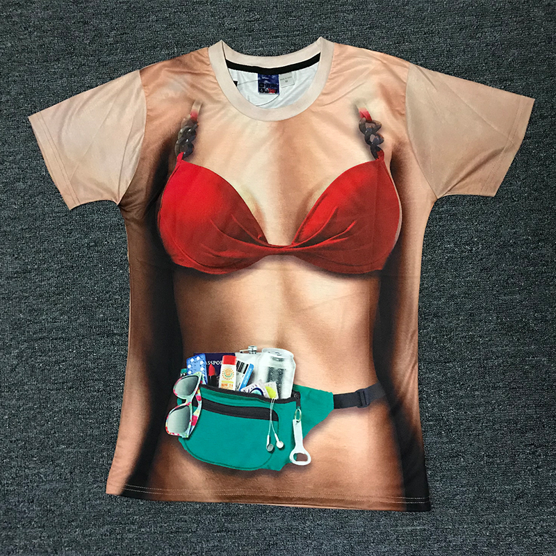 3d肌肉短袖T恤潮个性纹身美女印花半袖衫圆领男女情侣装搞怪衣服