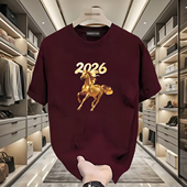 上衣圆领休闲短袖 纯棉红马年印花T恤本命年2026时尚 学生情侣新款