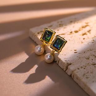 法式天然淡水珍珠耳坠女鲍鱼贝壳方形耳钉s925银针轻奢高级感耳饰