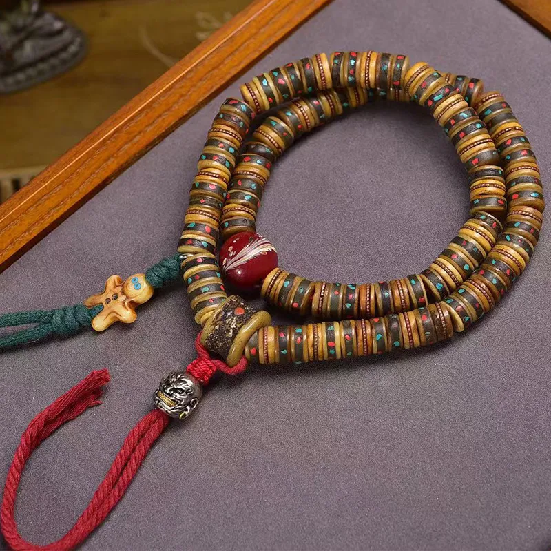 缘绘藏传回流牦牛骨108颗佛珠念珠多宝镶嵌桶珠藏式文玩凤尾琉璃