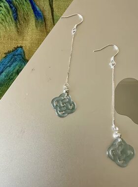 天然A货翡翠蓝水仿古中国结耳环S925银镶冰种耳坠古风