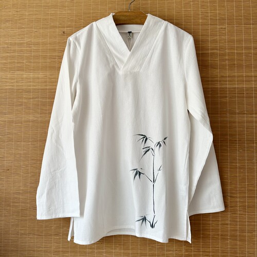 男士汉服中国风手绘水墨竹子棉麻长袖V领宽松衬衫复古茶服禅修服