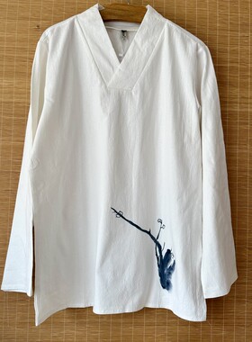 中国风 手绘水墨梅枝兰竹汉服茶服禅修服 棉麻长袖V领衬衫男