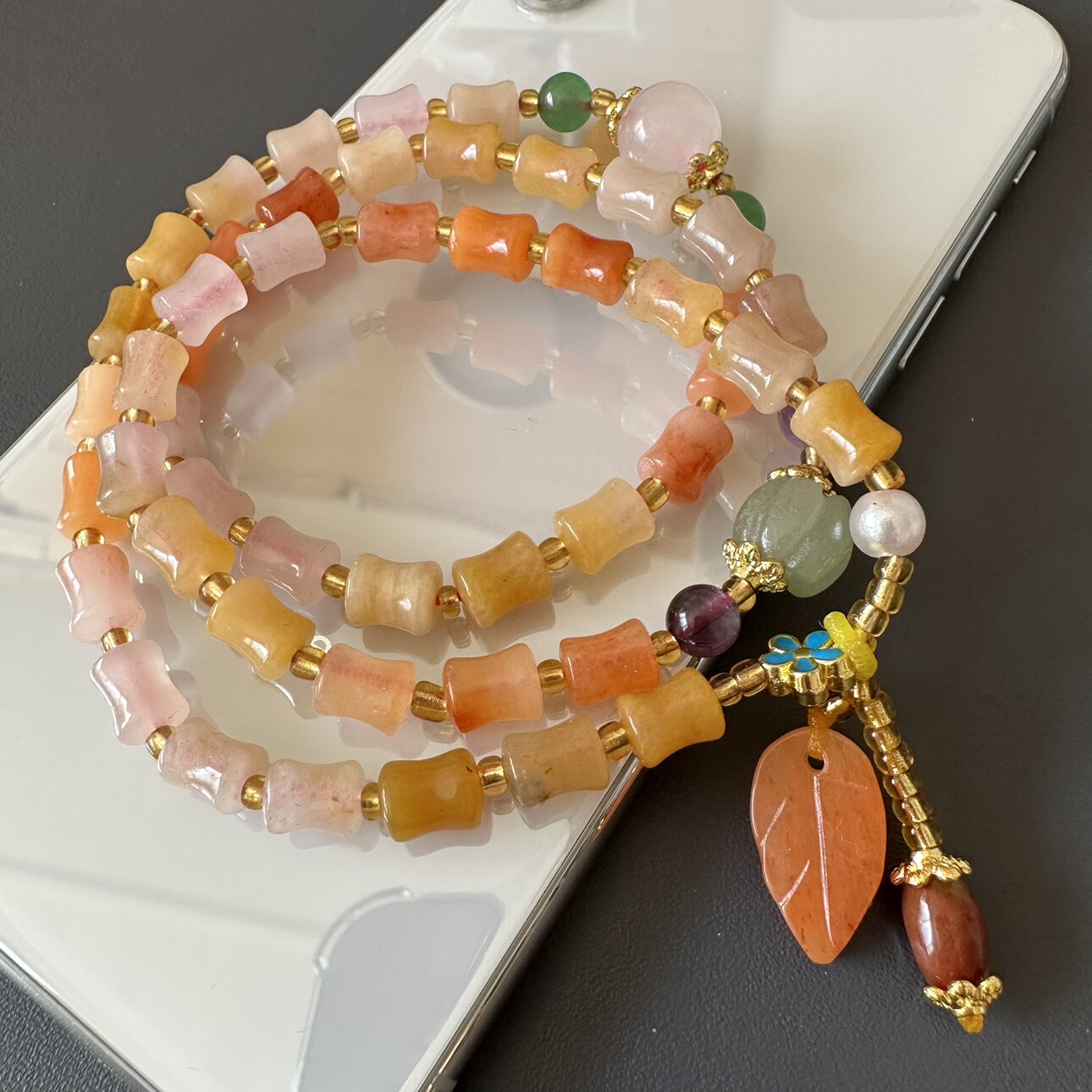 缘绘  天然新疆金丝玉项链戈壁玉竹节 黄玉毛衣链三圈