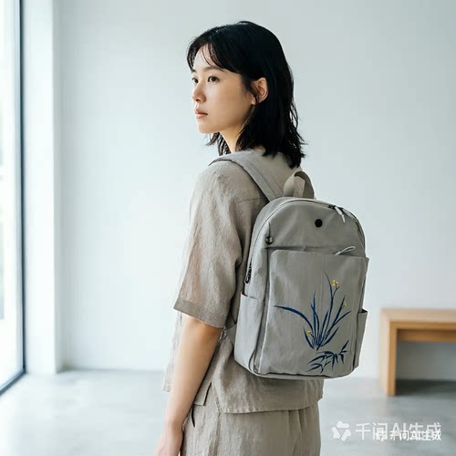 原创手绘水墨兰竹轻质双肩包 女款文艺清新复古中国风35*30*15