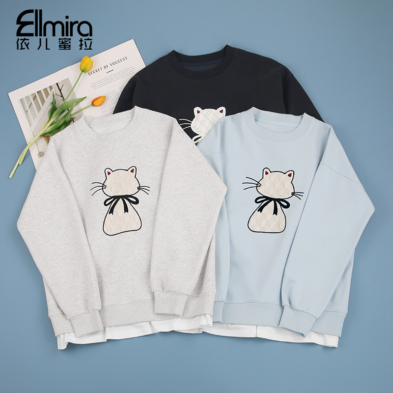 9407女童卫衣秋款儿童上衣宽松圆领假两件女孩大童童装