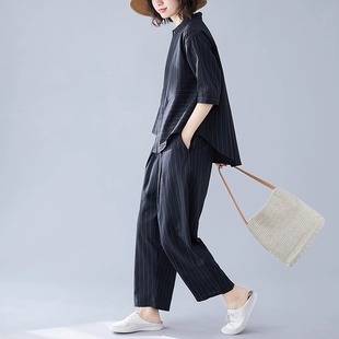 棉麻套装 中袖 韩版 女夏新款 亚麻条纹两件套 衬衫 T恤上衣休闲哈伦裤