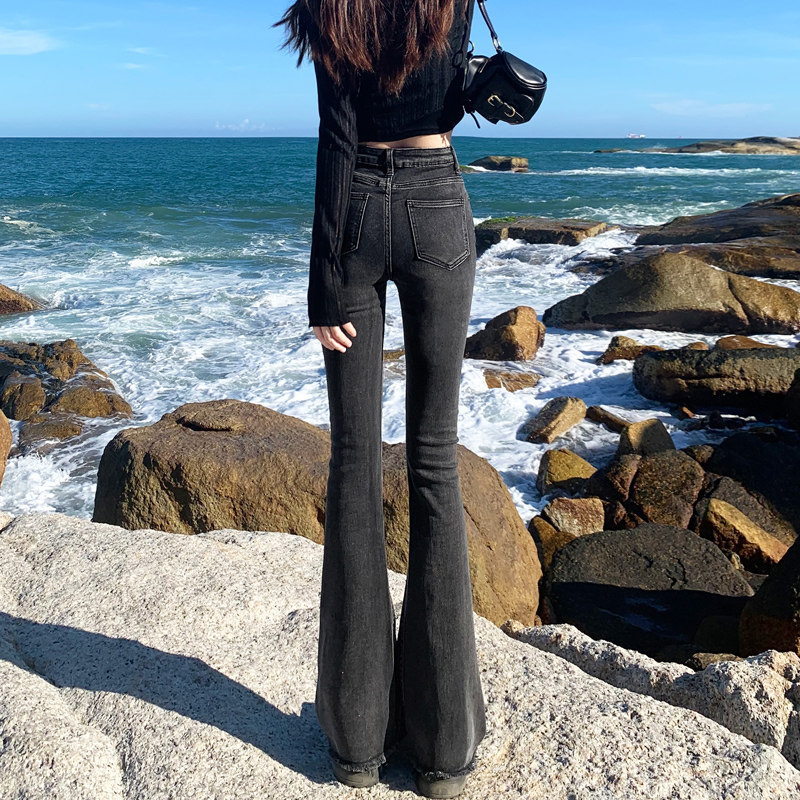 烟灰色微喇牛仔裤女秋季2025年新款马蹄裤高腰修身显瘦休闲 喇叭