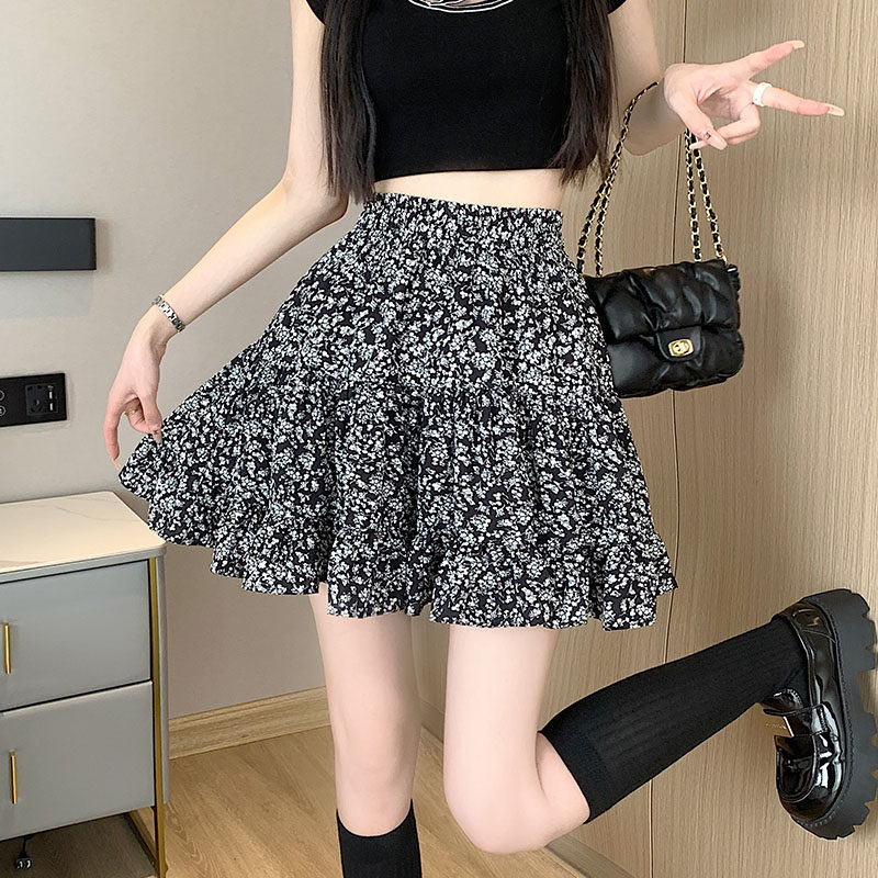 雪纺碎花半身裙女夏季2026新款防走光松紧高腰a字蓬蓬百褶短裙裤