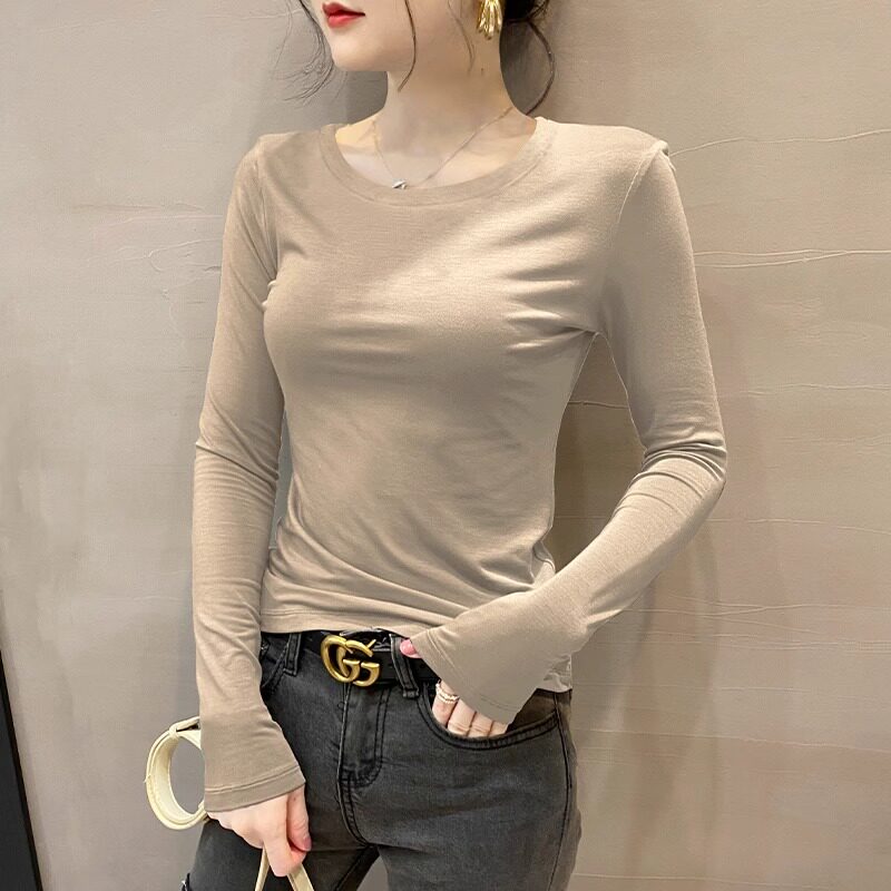 卡其色圆领长袖T恤女2025春秋新款莫代尔紧身内搭打底衫洋派上衣