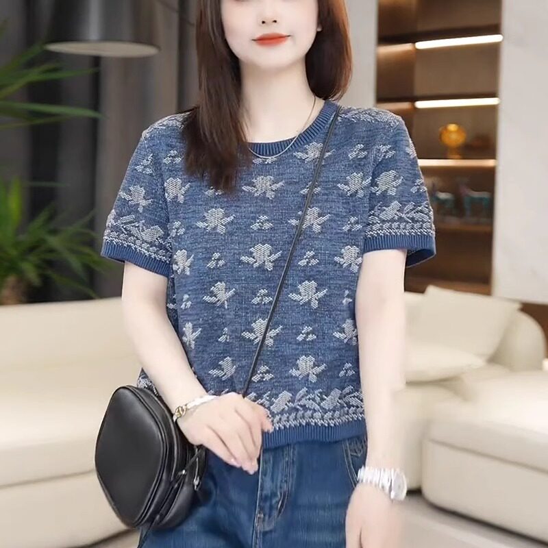 冰丝短袖t恤女夏2026新款气质复古印花小衫宽松显瘦洋气减龄上衣