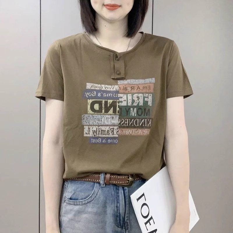 洋气短袖t恤女士夏季2025新款宽松显瘦大码时尚减龄印花纯棉上衣