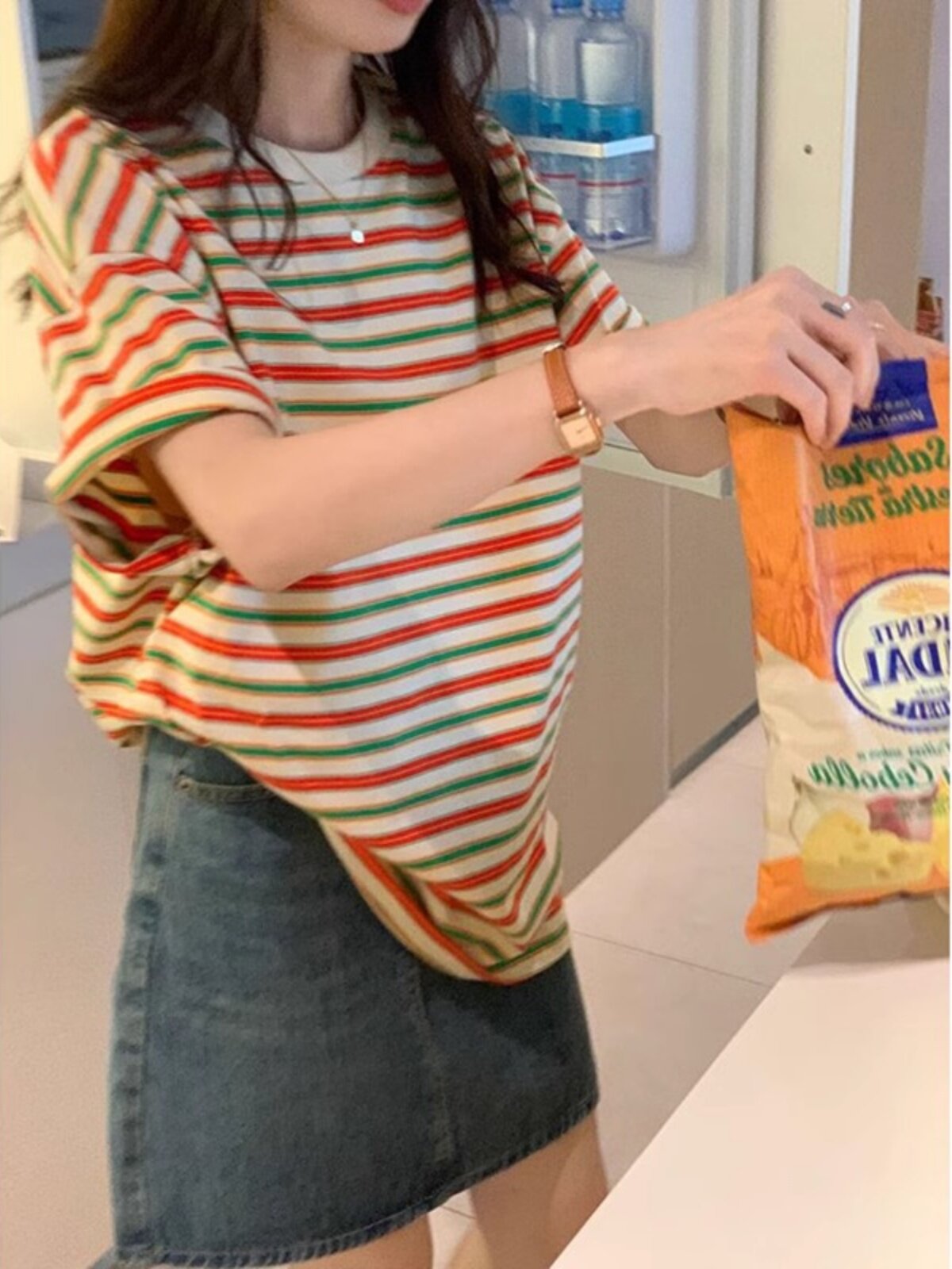 彩虹条纹正肩短袖t恤2025新款洋气减龄美式覆古港味chic上衣女夏
