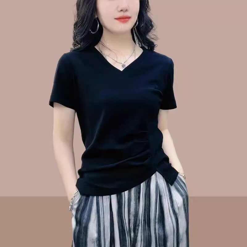 纯棉短袖t恤女夏2026新款时尚减龄遮肚设计感修身显瘦洋气V领上衣