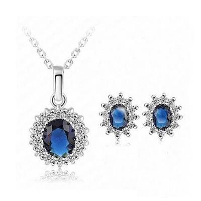 C029爆款饰品 套装欧美畅销首饰2件套蓝宝石耳钉项链套件耳饰金链