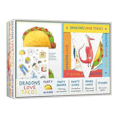 英文原版 Dragons Love Tacos Party-in-a-Box 爱吃玉米饼的龙 盒中派对套装 包括折叠游戏 海报和20张贴纸 进口英语原版书籍