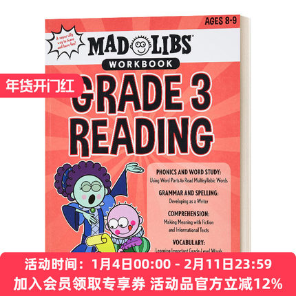 英文原版绘本 Mad Libs Workbook Grade 3 Reading 疯狂填词练习册 美国小学三年级 英文版 进口英语原版书籍