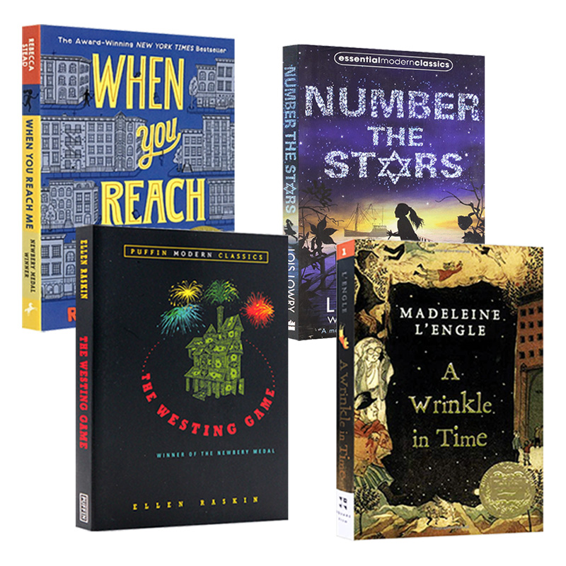 纽伯瑞国际儿童文学金奖小说4册 英文原版 Newbery 时间的皱折 当你到达我 数星星 威斯汀游戏 科幻推理原版少儿读物 青少年书籍