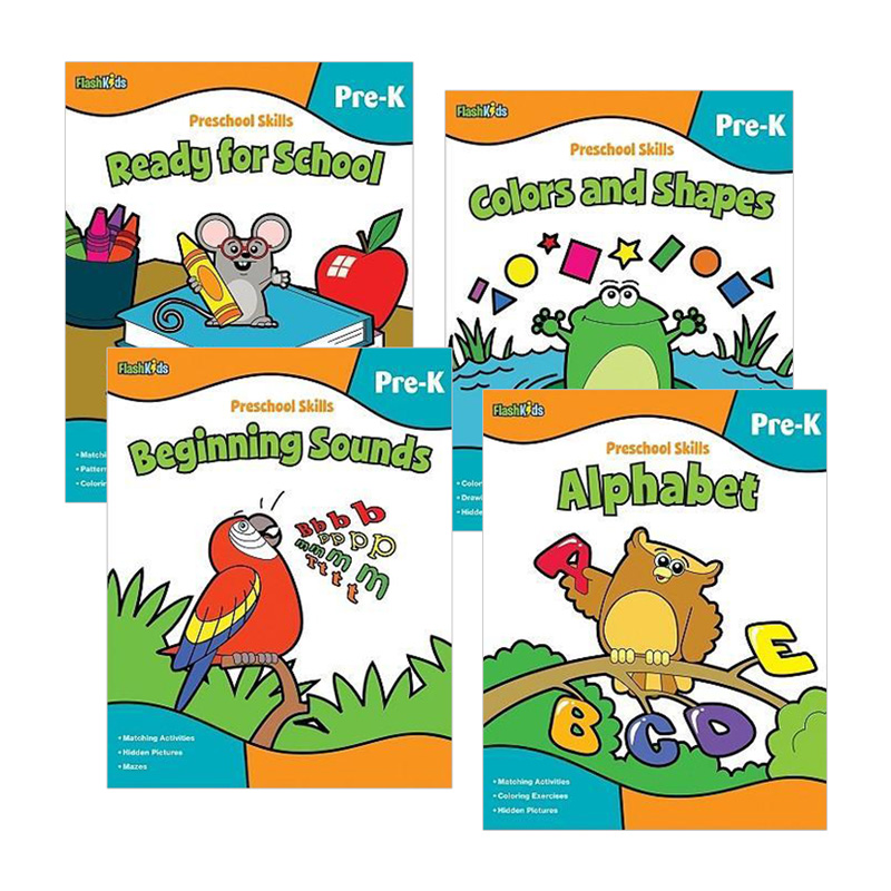 学前技术练习册4册 英文原版 Flash Kids Preschool Skills 字母 发音 颜色和形状 入学准备 英文版进口原版英语书籍哈考特