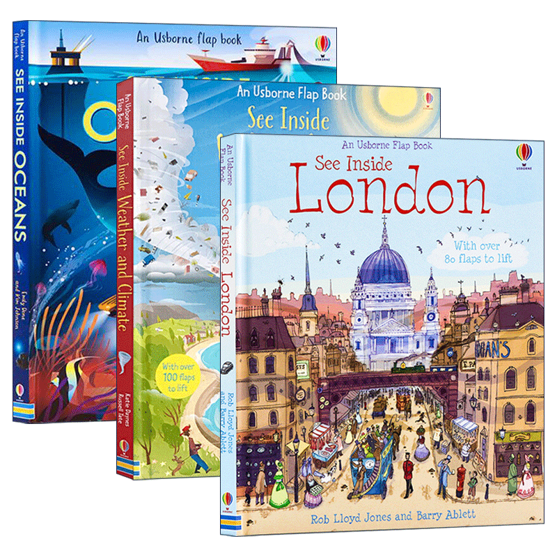 英文原版 Usborne See Inside 看里面系列纸板翻翻书3册 儿童英语科普读物 揭密伦敦/海洋/天气和气候 英文版 进口原版英语书籍