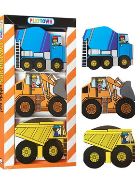玩玩镇异形书3册 英文原版绘本 Playtown Chunky Pack Construction 水泥搅拌机 挖掘机 倾卸 儿童启蒙认知交通工具故事英语图画书