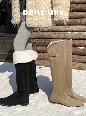 翻折高端TPR尖头女保暖不过堆堆Mapping膝显冬季人造长毛绒时装靴