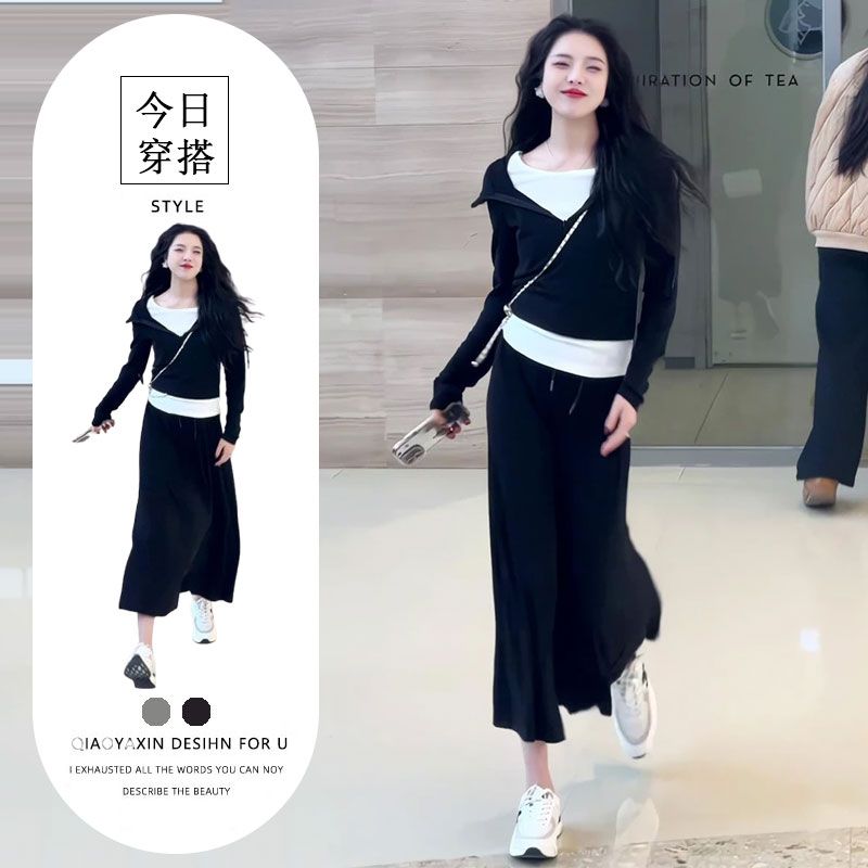 黑色假两件卫衣连衣裙子女秋季2025新款早秋韩系穿搭一整套装长裙