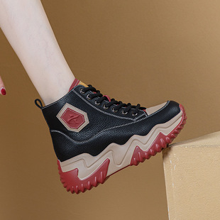 纯皮老爹鞋女款2025新款春秋全皮内增高厚底高帮鞋女秋天时尚皮靴