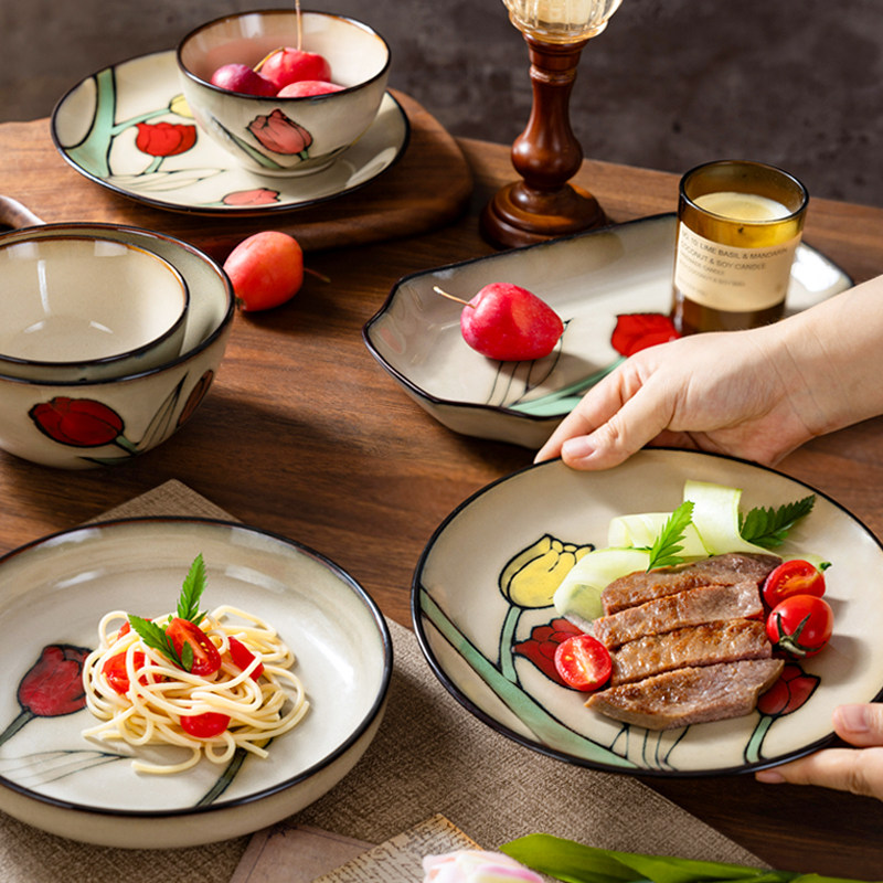 玉泉餐具碗盘家用套装釉下彩复古风中式碗筷高级感乔迁陶瓷餐具