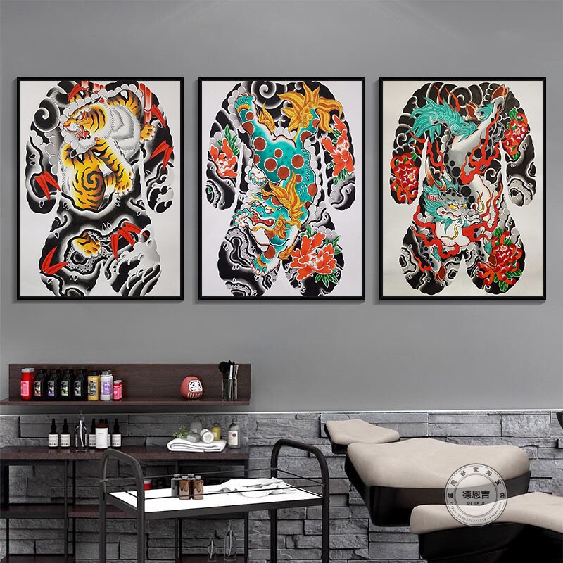纹身店墙面装饰挂画刺青工作室龙象朱雀锦鲤般若传统满背手稿海报