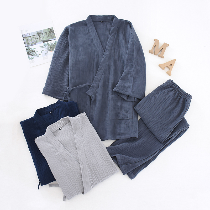 日系和服睡衣男士纯棉纱布开衫系带纯色简约浴衣日式和风春天夏季