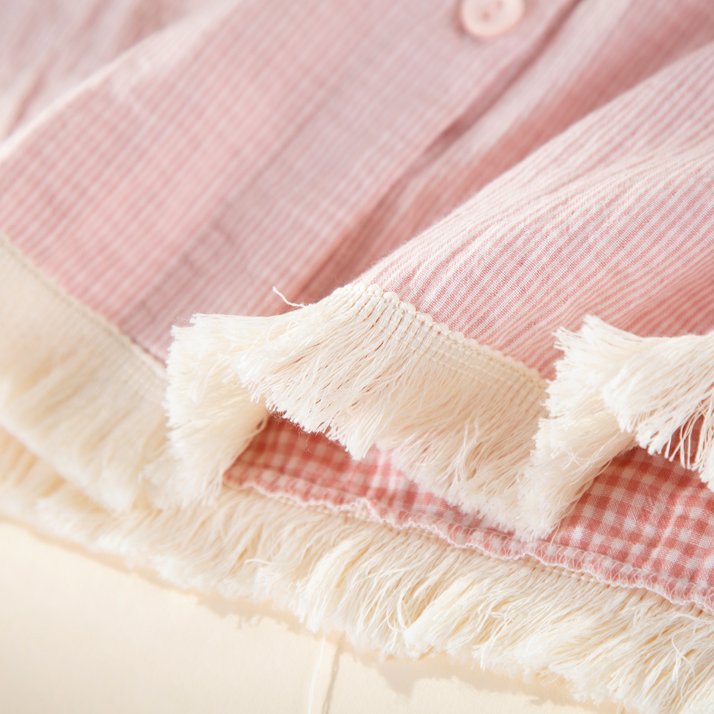 色织纯棉条纹流苏边睡衣女春秋口袋长裤大码长袖薄款家居服套装