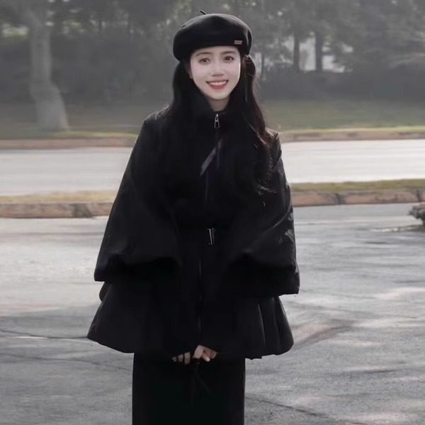 韩版羽绒服女冬季2024新款黑色灯笼袖收腰设计感小香风白鸭绒外套