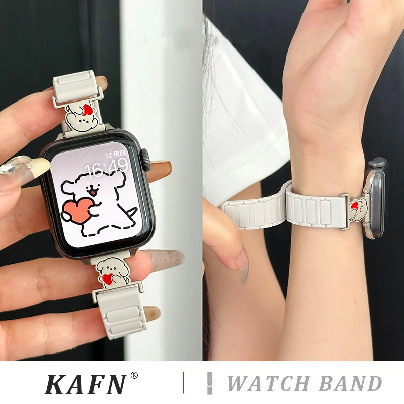 适用iwatch10手表带s9新款线条小狗三株磁吸硅胶表带applewatch8/7/6/5/4夏季透气智能运动腕带se代男女时尚