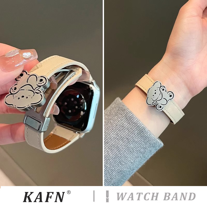 适用s10苹果手表带新款iwatch9击掌小狗磁吸扣表带s8真皮皮质s8/7/6/5/4运动腕带se代夏季女时尚男情侣替换带