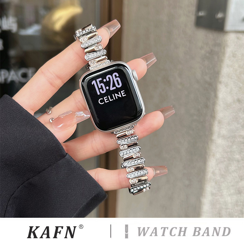 适用iWatchS10不规则镶钻金属表带高级感小蛮腰applewatchS9/8/7/6/se苹果手表蝴蝶扣不锈钢小香风钻壳女夏季