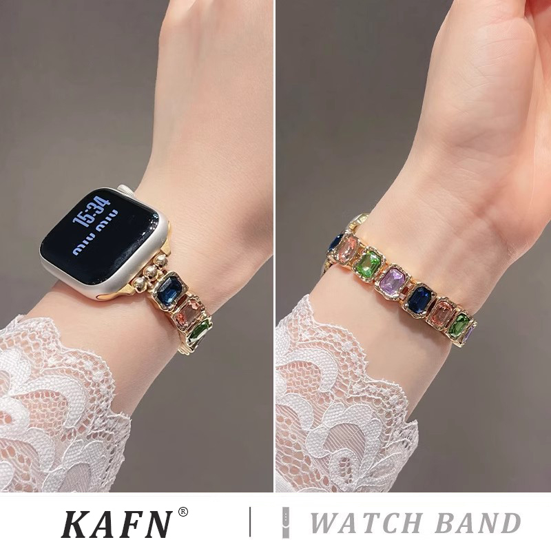 适用苹果s10新款手表带iwatch9彩色方块表带applewatch8/7/6/5/4弹力金属运动腕带se代夏季时尚男女款高级感