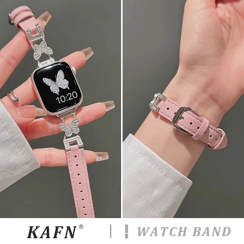 适用于s10苹果手表带新款iwatch9真皮专用金属蝴蝶s8拼皮针扣表带applewatch7/6/5/4夏季se代小众女高级运动