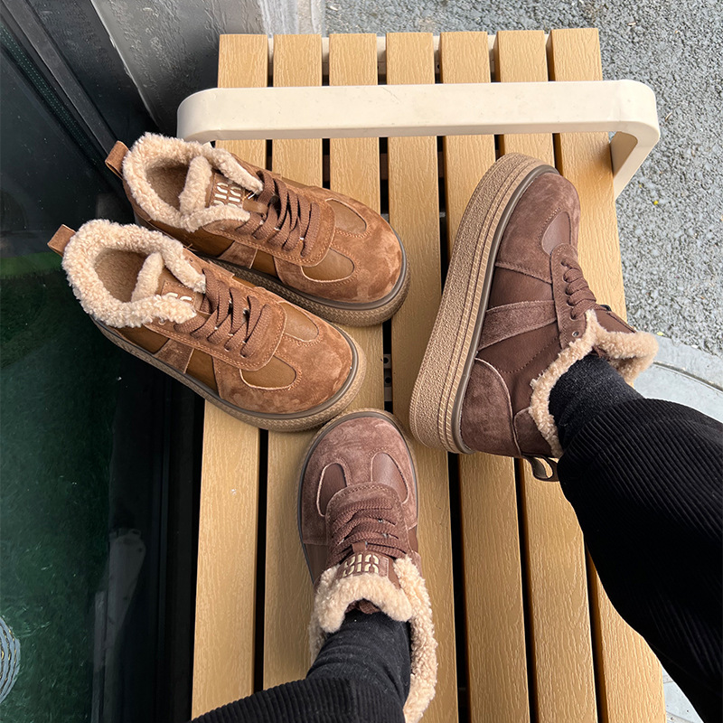 真皮小白鞋女2025冬季新款厚底高帮德训鞋女加绒保暖棉鞋休闲女鞋