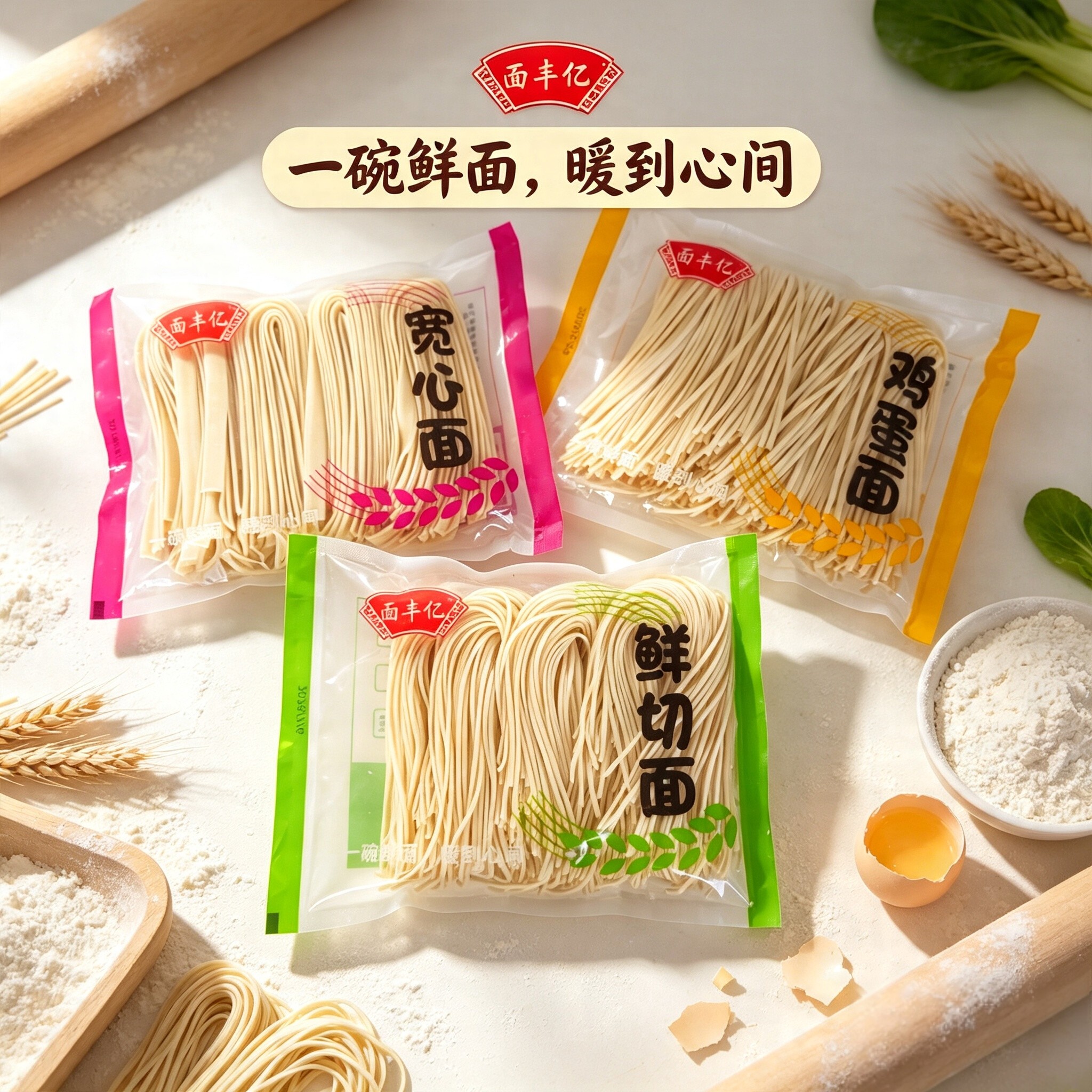 面丰亿鲜切面鸡蛋面宽心面400g袋装面条拌面速食生湿面制品火锅面